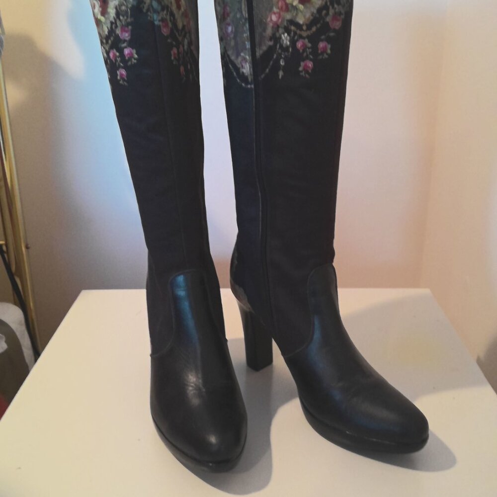 MICHAL NEGRIN BLACK LEATHER/SATIN BOOTS Sz 40/9.5